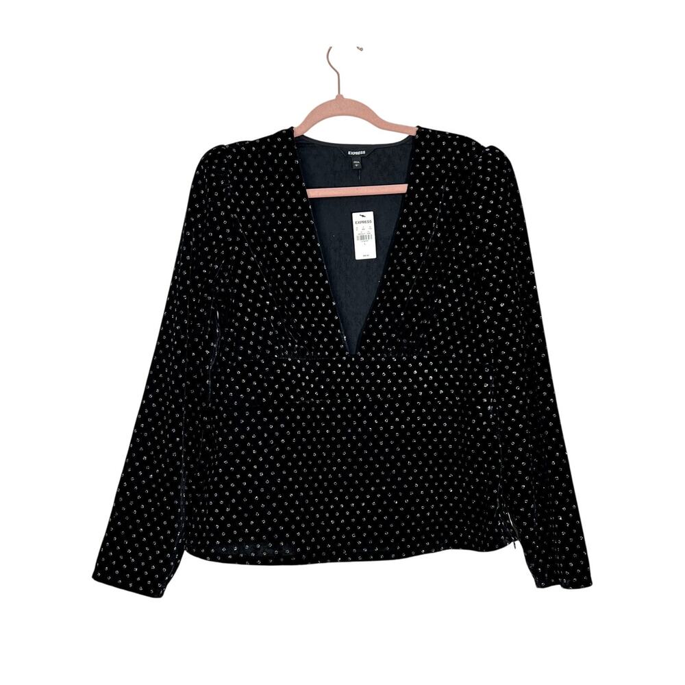 NWT Express Velvet w/ Sparkle Polka Dot Evening Long Sleeve Blouse Top Size L